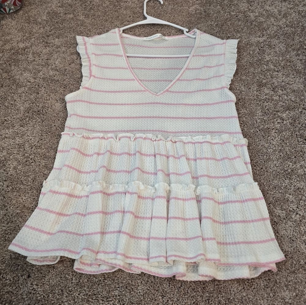 Altar'd State Stripe Waffle Flutter Sleeve Top Large